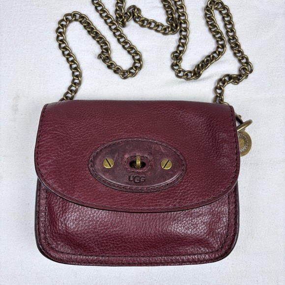 UGG Australia Handbags - UGG Burgundy Brooklyn Pebbled  Leather Mini Crossbody Bag Turn Lock Chain Strap